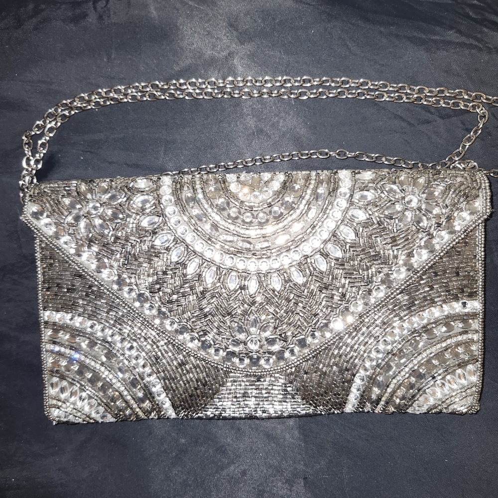 Pewter Art Deco Crystal And Beaded Envelope Purse - Picture 3 of 7